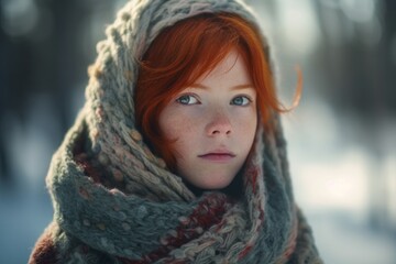 Little red hair girl winter outdoor. Emotion young smile pretty child. Generate Ai