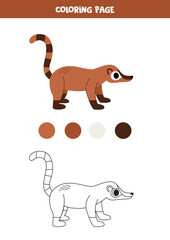 Color cute cartoon brown coati. Worksheet for kids.