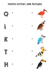Match alphabet letters and pictures. Logical puzzle for kids. Cute birds.