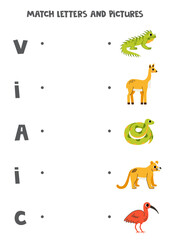 Match alphabet letters and pictures. Logical puzzle for kids. South American animals.