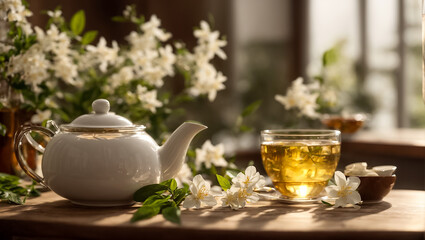 Beautiful kettle with tea in the kitchen morning