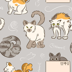Seamless pattern of cats in different poses in sketch style. Fat cute cat lifestyle. Pets. The cat hissses, sleeps, hides sitting in box, walks. For wallpaper, fabric, wrapping, background. Fish bones