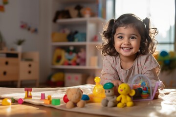 Joyful indian child girl playing with colorful toys at home.