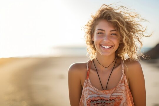 Summer lifestyle happy smiling portrait of pretty young woman blonde fashion having fun on the beach on tropic island
