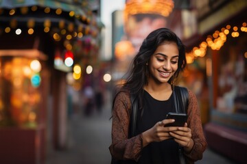 Cheery indian woman using mobile phone while walking through city street