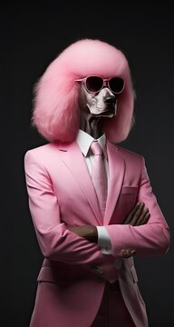 Pink poodle wearing elegant suit and glasses
