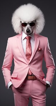 Pink poodle wearing elegant suit and glasses