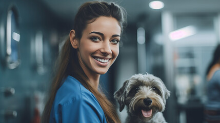 Young vet girl shares joyful moment with playful dog in clinic symbolizes importance of routine checkups for pet health, happy vet woman radiating atmosphere of happiness due pet health