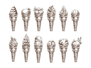 Hand-drawn sketch set of ice cream with different flavors in waffle cones. Element for labels, packaging and postcards. Sweet food..