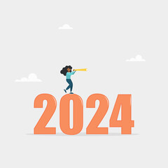 Fototapeta premium Economic forecast or future vision concept, forecast for 2024. Year review or analysis concept. The girl looks through a telescope. Vector illustration. 