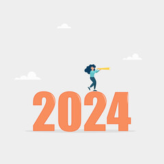 Fototapeta premium Economic forecast or future vision concept, forecast for 2024. Year review or analysis concept. The girl looks through a telescope. Vector illustration. 