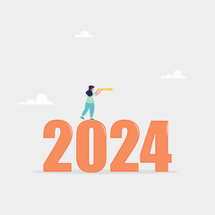 Economic forecast or future vision concept, forecast for 2024. Year review or analysis concept. The girl looks through a telescope. Vector illustration.
