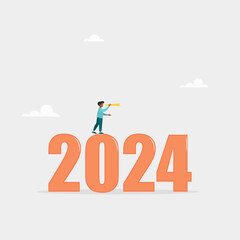 Fototapeta premium Economic forecast or future vision concept, forecast for 2024. Year review or analysis concept. The guy looks through a telescope. Vector illustration. 