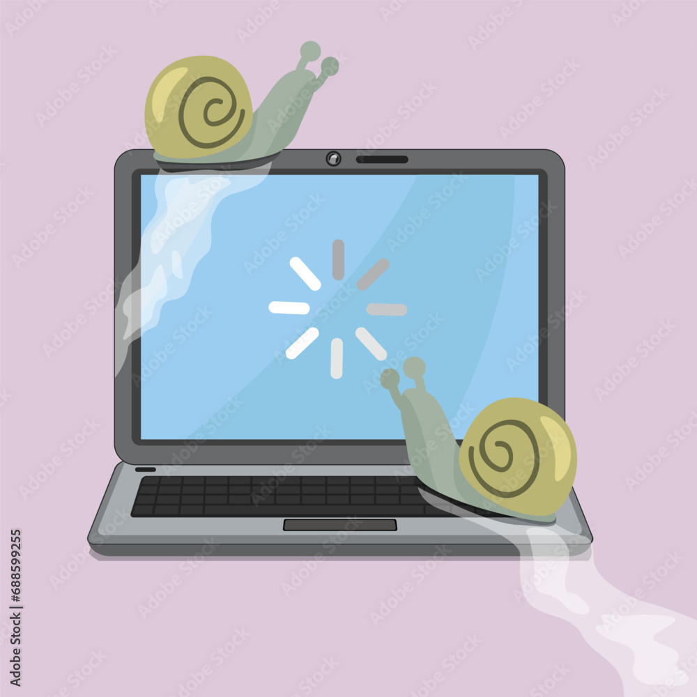 Aufkleber snail on slow laptop with problem snail loading on screen. illustration vector cartoon.