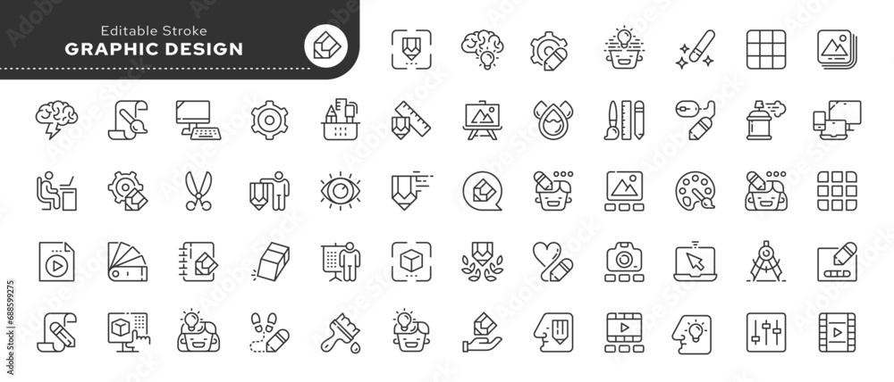Poster set of line icons in linear style. series - graphic design. idea and creativity. software, design an
