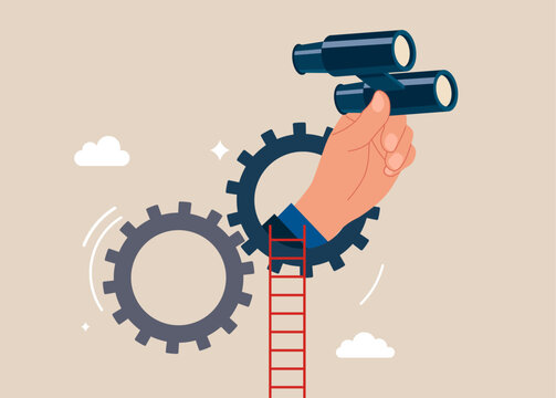 Successful vision of businessman with binoculars, Strategy, mission, objectives. Flat vector illustration