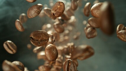 Freeze Motion of Falling Roasted Coffee Beans.