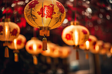 red chinese paper lanterns with light bokeh background, happy lunar new year 2024