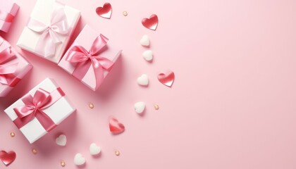 Top view concept valentine's day decorations white gift box with pink silk ribbon bow and small hearts on isolated pastel pink background with copyspace for banner