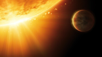 Obraz premium A vibrant digital illustration depicting a big orange planet with a shining star in the backdrop. Ideal for science fiction book covers. Planet in close proximity to the sun, a cosmic configuration 