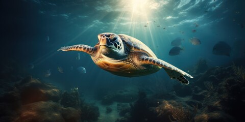 Fototapeta premium Sea turtle multicolored deep underwater is sunny rays. Ocean life, wildlife. Conservation species and population