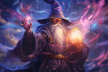 old wizard holding glowing crystal ball with swirling magic cloudy swirl backgound, fantasy painting  - obrazy, fototapety, plakaty