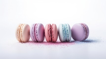 group of macarons on white sugar powder with same format arranged in a creative or unusual way , copy space, 16:9