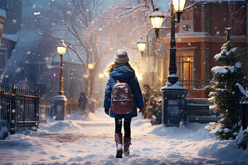 a girl goes to school in the winter snow