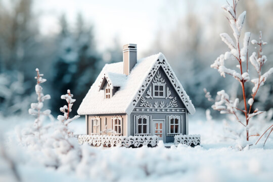 Beautiful miniature house in a snow. Concept for - winter discounts for home purchases, real estate.