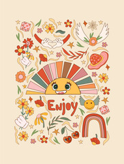 Groovy sun, daisy, flower. Hippie 60s 70s posters. Floral romantic backgrounds in trendy cute retro style.Ideal for greeting card, sticker, cover, t-shirt print, party invitation