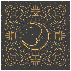 Half-moon inside ornamental frame, magic crescent in tarot style, zodiac signs and esoteric patterns, astrology mystic frame, vector