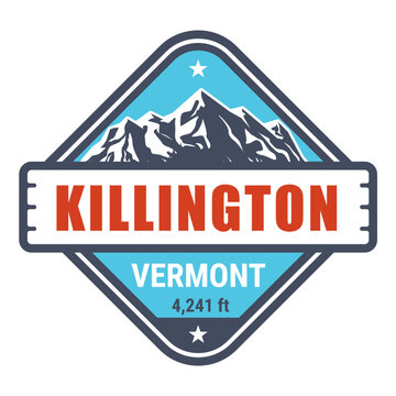 Killington, Vermont ski resort stamp, emblem with snow covered mountains, vector