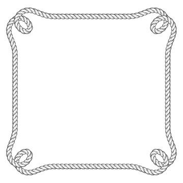 Marine style square rope frame with loops in corners, nautical towline border, vector