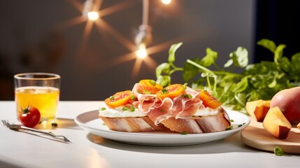 bruschetta with ham and apricot, white wooden table, commercial photography, 16:9