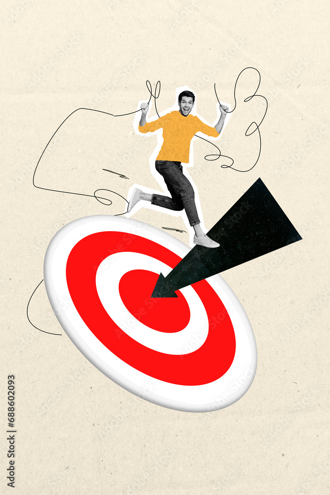 Poster Vertical collage of delighted black white colors mini guy jump hold string arrow pointer big darts board target isolate don paper background