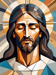 Jesus Christ Savior. Portrait, Christianity. Prayerful gaze into heaven. Cubism. For Easter, Christmas and Christian holidays. For covers, books, posters, t-shirts, clothing
