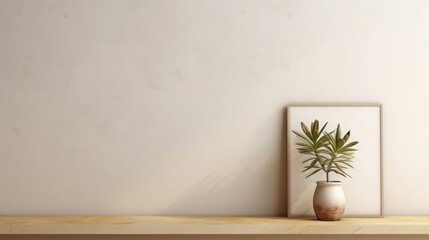 empty blank wall template with plant on the shelf mock up, in the style of light beige and gold, copy space, 16:9