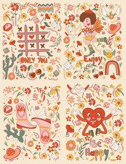 Retro Valentine's Day sticker collection. Features cartoon groovy romantic elements and holiday hippie characters. Includes a vintage comic-style cute cupid, a running heart, flowers. Vector.