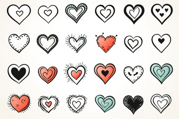 Collection of drawn hearts in flat style, Valentine's Day greeting card design.