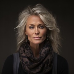 fashion portrait photography, of an 50 year old supermodel, with emotive eyes, high quality