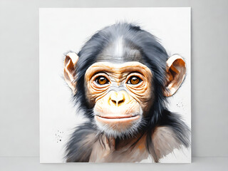cute baby chimpanzee, white wall, watercolor, dustier soft pastel palette, nursery wall mural, graffiti	