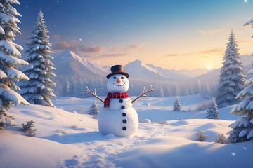Obraz premium Snowman standing in Christmas landscape. A festive Christmas or snow background.