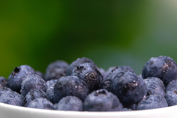 Macro photography of fresh antioxidant natural blueberries in a white bowl. Close-up of ripe blueberries on a green background. Concept of healthy eating.