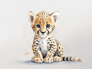 cute baby leopard, white wall, watercolor, dustier soft pastel palette, nursery wall mural, graffiti	
