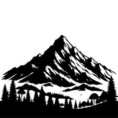 Mountain with Tree vector silhouette illustration black color, mountain forest vector silhouette