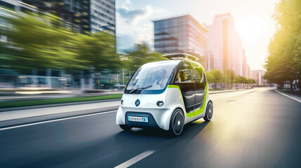 Electric Mini Mobility Vehicles Self-Driving on a City Street with Passengers, Smart Public Transport, AI Powered Shared Car, Futuristic Taxi, Green Mini Bus, Sustainable City Planning - obrazy, fototapety, plakaty
