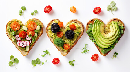 Festive delicious toasts with vegetables, heart-shaped, on a white background - obrazy, fototapety, plakaty