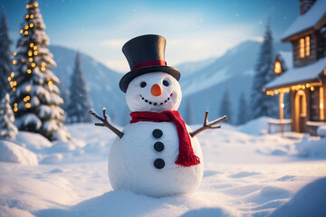 Snowman standing in Christmas landscape. A festive Christmas or snow background.