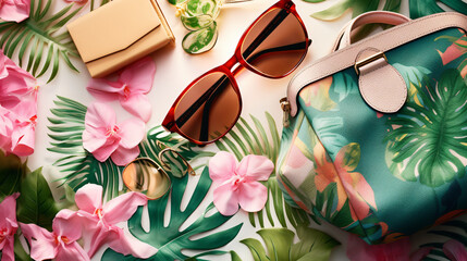 Feminine accessories collage with handbag sunglasses