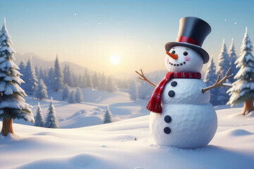 Fototapeta premium Snowman standing in Christmas landscape. A festive Christmas or snow background.